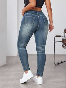 SHEIN EZwear 大尺碼女款口袋修身休閒百搭牛仔褲 - 藍色 - 查看 2