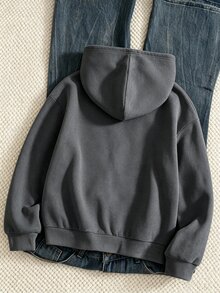 SHEIN 秋冬女款連帽拉鍊夾克，混搭街頭風休閒圖案，保暖針織面料，微寬鬆版型，校園深灰色 - 深灰色 - 查看 2