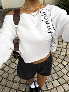 Muchica White Women's Cold Shoulder Short Sweatshirt, Autumn/Winter Loose Casual Long Sleeve Thickened Sweatshirt - White - View 3