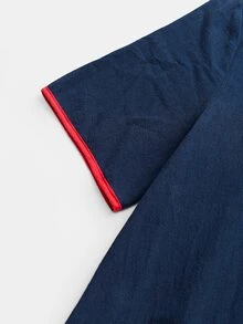 SHEIN Tall 女款新款長版拼接條紋荷葉邊下擺休閒洋裝 - 藍色 - 查看 7