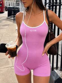 Sovereign Charm Backless Spaghetti Strap Fitted Athletic Modest Athleisure Romper Gym Pink And White Summer - Pink - View 1