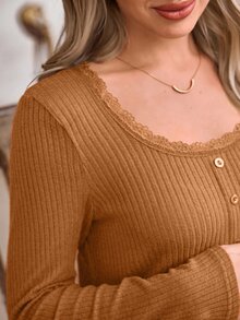SHEIN 休閒長袖針織蕾絲U領修身孕婦上衣 - 橘色 - 查看 7