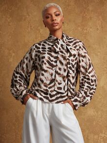 SHEIN Lunessa Women's Vintage Asymmetrical Leopard Print Bow Collar Petal Sleeve Blouse - Khaki - View 4