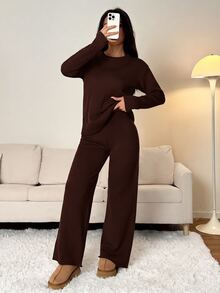 SHEIN PETITE 女款純色圓領長袖毛衣搭配長褲休閒正裝套裝，秋冬款 - 咖啡棕 - 查看 10