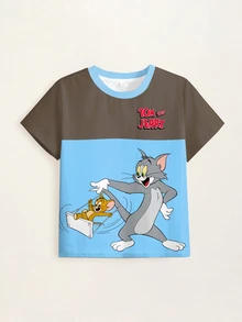 TOM & JERRY X SHEIN Young Boy Cartoon Pattern Print Crew Neck Short Sleeve Colorblock T-Shirt - White - View 7