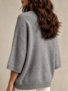 LUMIGAL Women's Solid Color Single-Breasted Dropped Shoulder 3/4 Sleeve Casual Knit Cardigan - Grey - View 2