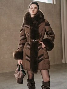 Anewsta Women's Plush Patchwork Casual Versatile Winter Padded Coat - Coffee Brown - View 1