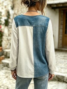 Breezaya 大尺碼女款休閒仿印花極簡條紋圖案圓領長袖T恤上衣，適合秋季日常穿著 - 白色 - 查看 2