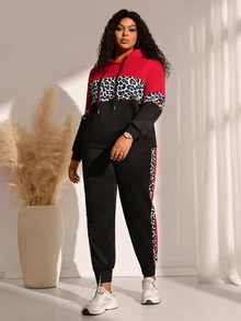 BrightlyHer Plus Size Colorblock Side Stripe Drawstring Pocket Hooded Long Sleeve Two Pieces Set Fall Winter 2026 - Multicolor - View 6