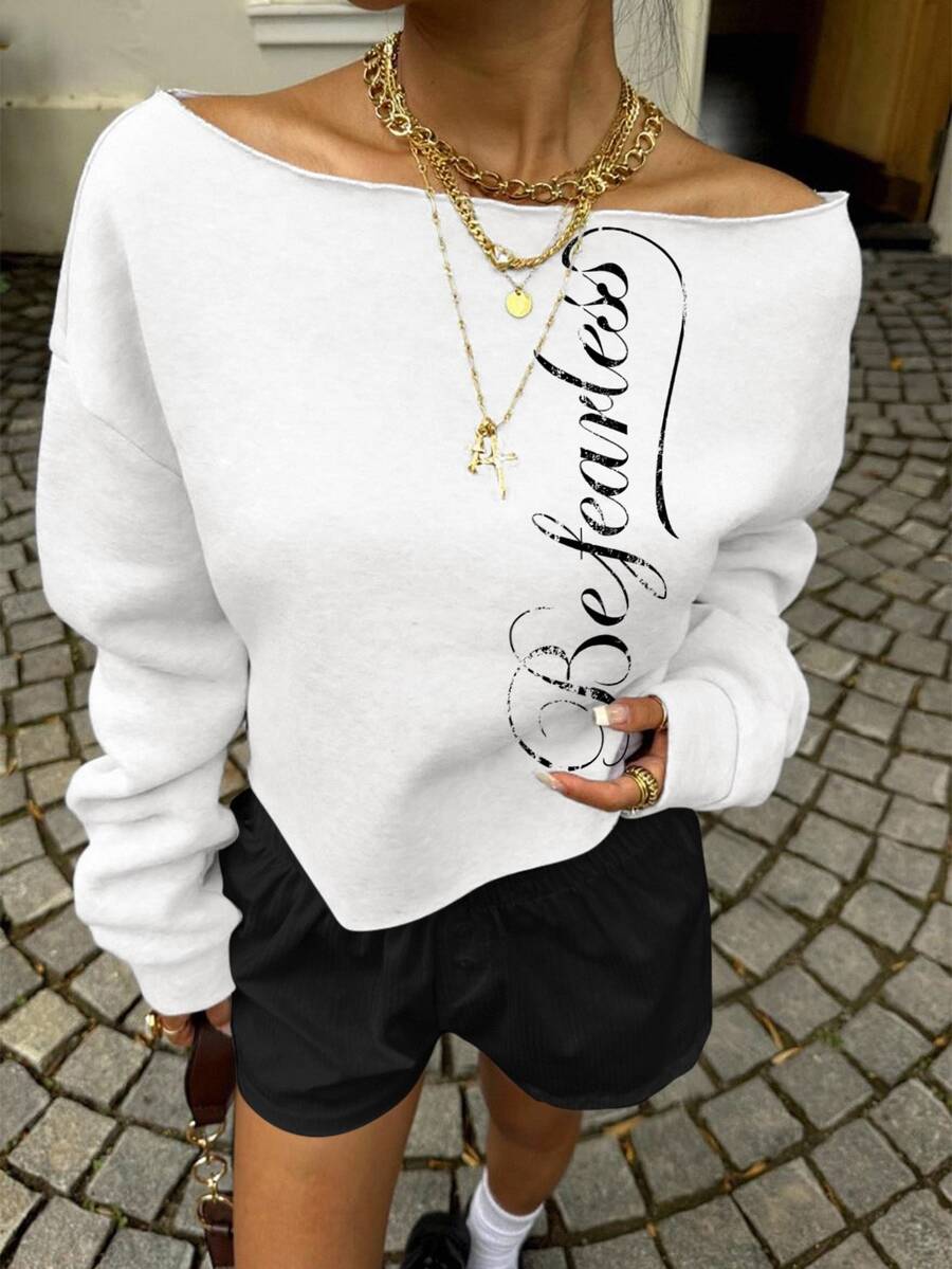 Muchica White Women's Cold Shoulder Short Sweatshirt, Autumn/Winter Loose Casual Long Sleeve Thickened Sweatshirt - White - View 1