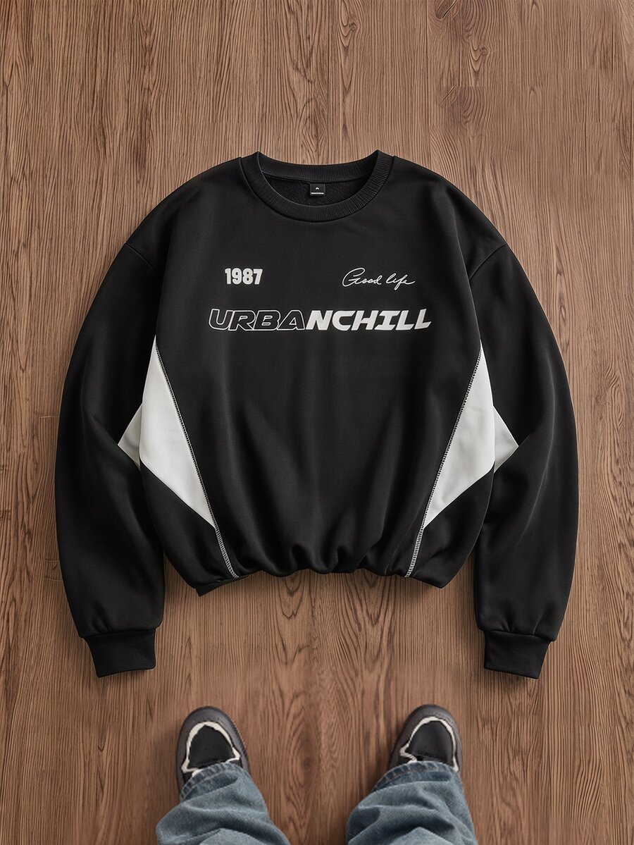 SWAVVY Sweatshirt Pullover Kasual Pria Warna Hitam dengan Kerah Bordir, Ukuran Standar, Musim Semi/Gugur - Hitam - View 1