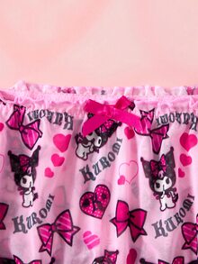 HELLO KITTY AND FRIENDS | SHEIN Women's Cartoon Print Off-Shoulder Top And Frill Trim Shorts Lingerie Set - Pink - View 4