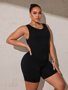 SHEIN Rhythm Era Plus Size Women's Seamless Back Strap Sexy Open Back Sports Sleeveless Tummy Control Butt Lifting Romper Shorts, Black - Black - View 4