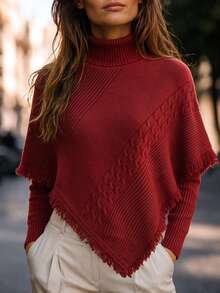 SHEIN 2 Pieces Turtleneck Sweater Set Fringe Cable Knit Asymmetrical Cape Shawl Long Sleeve Ribbed Top - Red - View 1