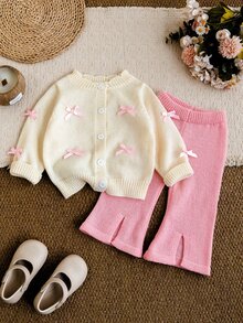 SHEIN Infant Girls Sweet Bow Knitted Sweater Set - Multicolor - View 3