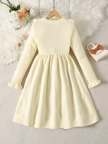 SHEIN Tween Girl Tween Girl Casual Elegant Frill Twist Textured Knit Long Sleeve Autumn Dress Camel Color - Camel - View 2