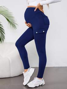 SHEIN 孕婦純色高腰工裝口袋休閒緊身褲 - 藏蓝色 - 查看 5