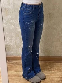 SHEIN Teen Girls Shiny Heart Rhinestone Dark Blue Denim Stretch Skinny Flare Jeans - Medium Wash - View 3