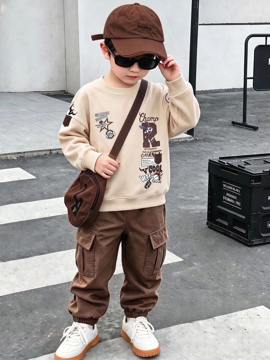 男童幼兒長袖運動衫與收口工裝褲套裝 - 彩色 - 查看 1