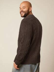 EASEVO Men's Plus Size Casual Long Sleeve Cable Knit Crew Neck Sweater - Coffee Brown - View 2