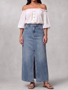 Balvessa Women's Casual Versatile Denim Skirt With Pockets And Buttons For Daily Wear - Blue - View 4