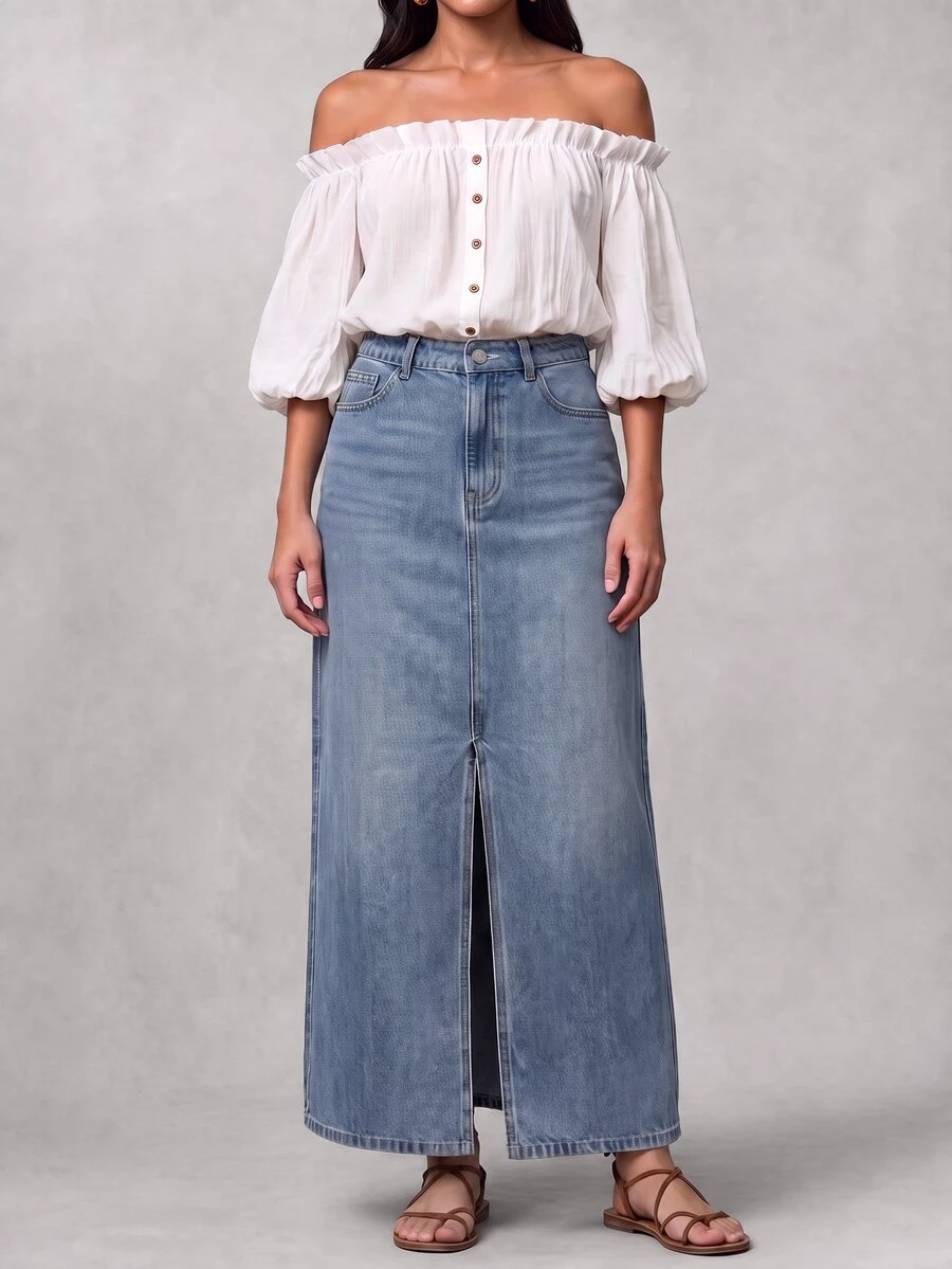 Balvessa Women's Casual Versatile Denim Skirt With Pockets And Buttons For Daily Wear - Blue - View 1