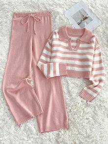 Elamini Minimalist Casual Women's Autumn/Winter Pink And White Light Pink Collared Long Sleeve Loose Knit Sweater And Pants 2 Pieces Set Lounge - Pink - View 5