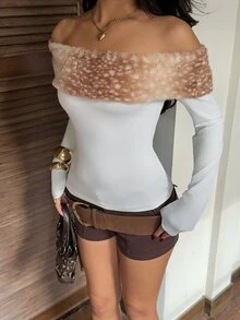 CovetEZ Women's Patchwork Animal Print Fuzzy Off-Shoulder Long Sleeve Fashion T-Shirt - Brown - View 3