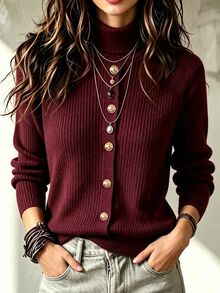 LUMIGAL Women's Solid Color Casual Versatile Daily Wear Knit Top - Burgundy - View 3