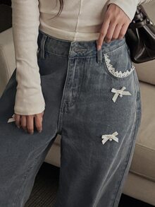 DAZY Women's Loose Straight Leg Jeans With Lace Trim And Bow Decor, Casual Vacation Style For Spring And Autumn - Blue - View 5