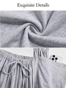 SOLERSUN Celana Panjang Wanita Abu-abu Muda dengan Tali Serut, Potongan Lebar, Kantong Samping Longgar, Pinggang Elastis, Potongan Santai, Kasual, Streetwear, Cocok untuk Kerja, Sehari-hari, dan Musim Gugur. - Grey - View 8