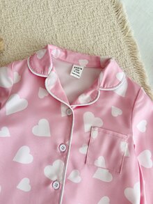 SHEIN 女嬰編織愛心圖案翻領單口袋休閒睡衣上衣與長褲2件套 - 彩色 - 查看 3