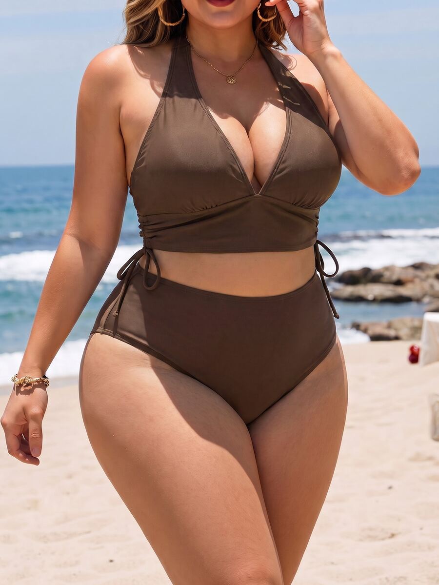 Swim Lushoire Plus Size Women's Summer Beach Solid Color Halter Tie Sexy Fashion Bikini Two-Piece Swimsuit Set - Multicolor - View 1