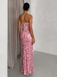 SHEIN Glamour 女款亮片時尚約會派對抹胸洋裝 - 粉色 - 查看 2