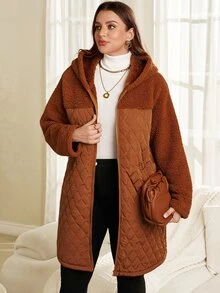 EMERY ROSE Jaket Wanita Ukuran Besar Musim Gugur/Dingin Kasual Cokelat Polos Berbahan Fleece dengan Tudung dan Kantong, Mantel Hangat Musim Dingin, Mantel Luar - Coklat - View 5