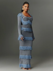 NYA SZN Gaun Rajut Elegan Pas Badan Wanita dengan Motif Garis-Garis, Leher Persegi, Lengan Panjang, Patchwork, Lapisan Ganda, dan Rumbai - Biru - View 5