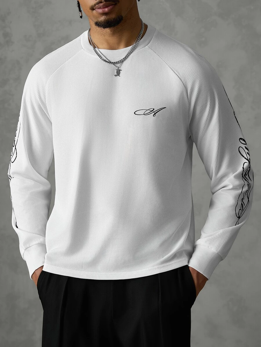 SLATEMANN Men's Letter Print Raglan Long Sleeve Crew Neck Casual T-Shirt - White - View 1