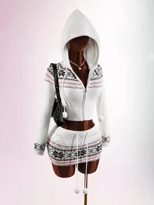 Amplova Women's Fair Isle Style Zip-Up Drawstring Hooded Knit Cardigan - White - View 8