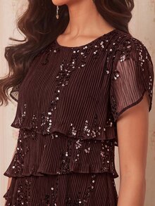 Amorya Đầm ngắn thời trang nữ màu trơn nâu đậm, tay ngắn cánh hoa, đính sequin, bèo nhún nhiều lớp, phong cách thanh lịch gợi cảm cho tiệc cocktail, đi chơi đêm mùa hè - màu nâu - Xem 2