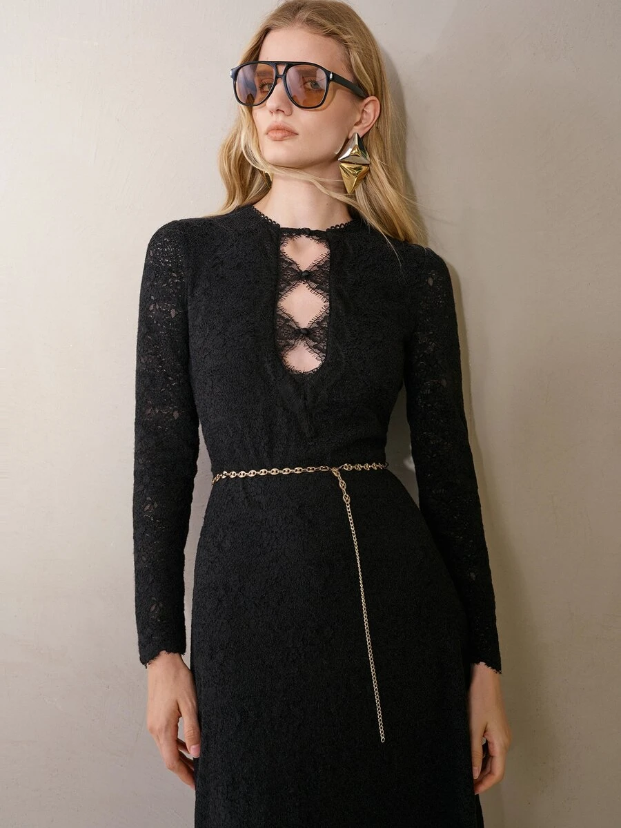 MOTF PREMIUM LACE OVERLAY JACQUARD STRETCH CUTOUT FLARE HEM DRESS WITH CHAIN BELT - Black - View 2