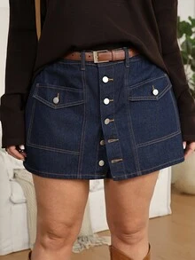 EMERY ROSE EMERY ROSE Plus Size Casual Front Button Denim Shorts,A-Line Denim Mini Skort,Brunch Look,Country Concert,Campus Style,Elegant,Casual,Vacation,Halloween,Christma - Blue - View 4