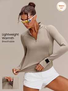 GLOWMODE Therma-FIT ADV Sweet Victory Quarter-Zip Top With Watch Pocket, Thumbholes & Reflective Back Running Training Gym Fall Active Wear - Khaki - View 1