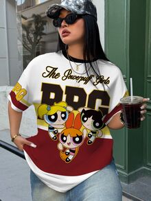 THE POWERPUFF GIRLS X SHEIN Plus Size Women's Letter Cartoon Print Round Neck Short Sleeve Casual T-Shirt - White - View 3