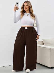 SHEIN CURVE+ 大尺碼格紋長褲，黑白格紋彈性腰帶口袋寬腿褲，2026秋冬 22W - 咖啡棕 - 查看 6