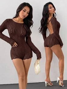 SHEIN PETITE 女款性感純色鏤空露背針織連身褲 秋冬款 - 巧克力棕 - 查看 6