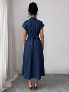 Elenzga Batwing Sleeve Ruched Button-Down Washed Denim Dress, Fashionable And Elegant - Dark Wash - View 2