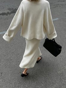 Cévolie Women's Solid Color Dropped Shoulder Long Sleeve Single-Breasted Knit Cardigan - Beige - View 2