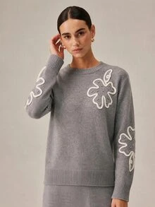SHEIN Orluneo Sweater Rajut Pullover Motif Bunga Abu-abu Musim Gugur/Dingin, Sweater Lengan Panjang Leher Bulat Longgar - Grey - View 5