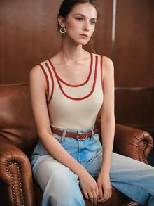 Anewsta Women's Contrast Color Double Layer Design Knit Top, Elegant Casual Versatile Slim Fit Fashion Vest - Apricot - View 7