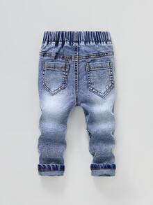 Baby Boy Autumn/Winter Denim Long Pants, Light Blue Washed Distressed Texture, Knee Pleat Decoration, Handsome Casual Durable Denim Long Pants For Infants And Toddlers - Light Wash - View 2